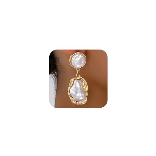 Dainty Chunky Gold Irregular Pearl Drop Earrings Trendy, Vintage Statement Baroque Pearls Earring Dangling for Women Thick Prom Party Y2k Jewelry Gift