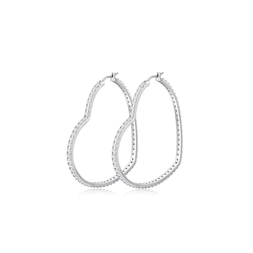 Image of RANKEEF Large Silver Hoop Earrings For Women Hypoallergenic Large Hoops Earring Rhinestone 925 Sterling Silver Post Big Heart Sterling Silver Hoop Earrings With Cubic Zirconia
