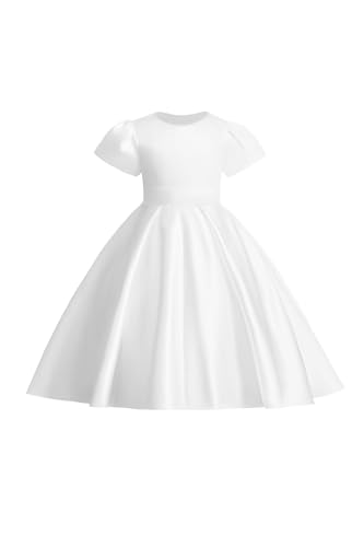 Bow Knot Flower Girl Dress for Wedding Short Sleeves Satin Crew Neck Long Princess Pageant Formal Ball Gowns