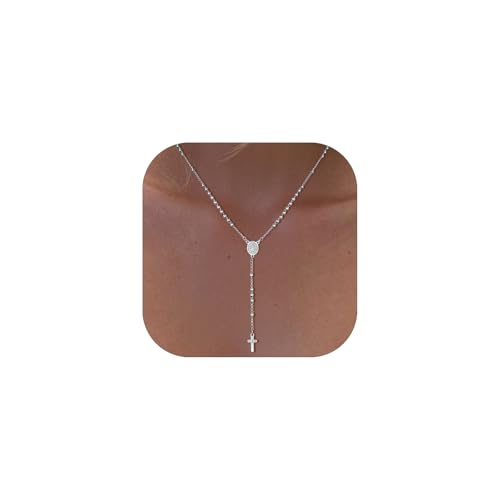 FOCALOOK Rosary Necklace for Women Dainty 3mm Rosary Beads Cross Pendant Necklace Adjustable Religious Jewelry Gifts for Catholic Women(18+5cm)