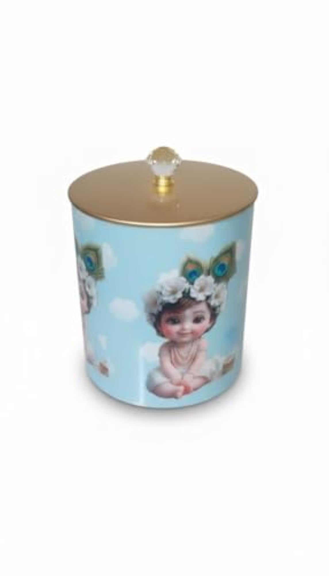 Decorative Ceramic Storage Jar with Gold Lid, Sky Blue