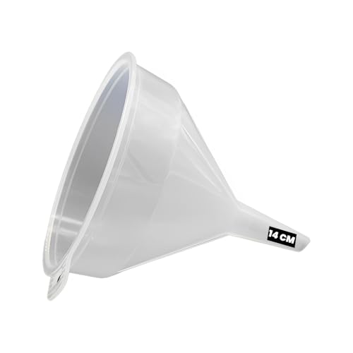 ANGIX 14cm Funnel for Filling Bottles or Containers, White Plastic Transparent Funnels with Holder for Home & Kitchen, Arts & Crafts Supplies, Garage, Labs - Oil, Liquids & Dry Ingredients