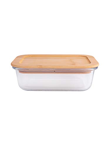 Image of Goodhomes Rectangular Glass Food Storage Containers with Air Tight Wooden Lid Set of 3-360ml, 580ml, 900ml