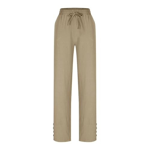 Womens Straight Leg Linen Trousers Summer Elasticated Waist Trousers Wide Leg Lightweight with Drawstring Pockets Casual Loose Breathable Palazzo Pants Beach Bottoms for Holiday Beige - Image 5