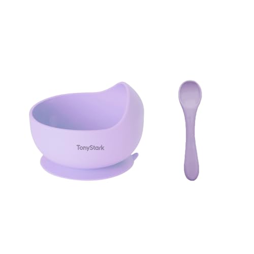 Image of TONY STARK Silicone Unbreakable Baby Bowl & Handle Spoon - Suction Design, Non-Slip, BPA Free, Dishwasher & Microwave Safe (Lavender, 2 Piece Set)
