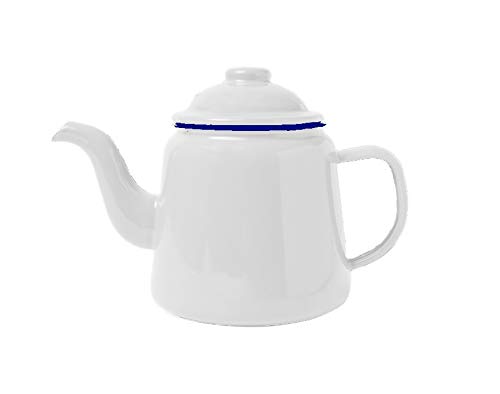 Enamel Teapot with Handle & Lid 14cm, 1.5L Traditional Serving Teapot Coffee Pot Jug Camping, White (White)