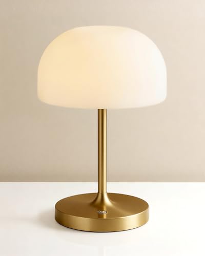 VoMii Mushroom Lamp 9 Cordless Table Lamp Waterproof Shower Lamps with 4000mAh Battery Rechargeable & 3 Color Temperatures Dimmable LED Night Light for Bathroom Bedroom & Home Decor - Brass