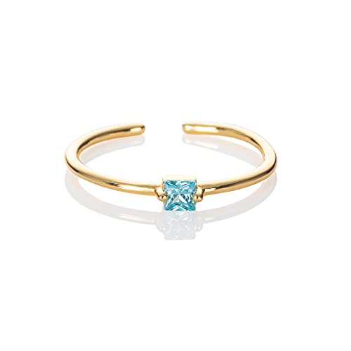 Namana Bague Fine et Réglable avec Pierre Bleue Claire Carrée en Zirconia, Bague Or pour Femme et Jeune Fille