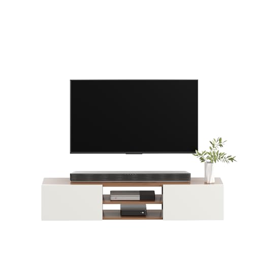 Image of FURNEASER Sasia Modern Wall Mounted TV Unit for 32 /42 /55 Inch TV | Floating Entertainment Unit with Storage | Engineered Wood TV Cabinet for Living Room | TV Stand with Doors (Exotic Teak & White)