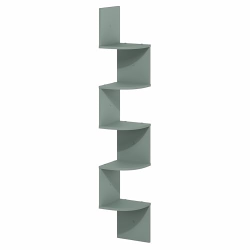 Image of Furinno Rossi Floating Book Shelves for Wall, 5-Tier Zigzag Corner Shelf Wall Mounted, Radial Corner Floating Shelf, for Living Room, Bedroom, Bathroom, Home Office, Sage Green