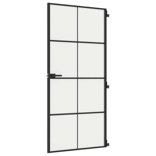 vidaXL Puerta Interior Delgada, Puerta de Panel, Panel de Privacidad, Puerta Decorativa para Dormitorio Baño, Vidrio y Aluminio Negra