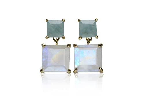 Boucles d'oreilles carrées en pierre de lune et aigue-marine pour femme