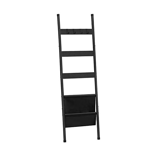 HOOBRO Blanket Ladder, 5 Tier Towel Rack, 17.3″ L x 63″ H, Wall-Leaning Blanket Rack, Decorative Ladder Holder with 4 Hooks and Pocket, Drying and Display Rack for Bathroom, Black BB32CJ01