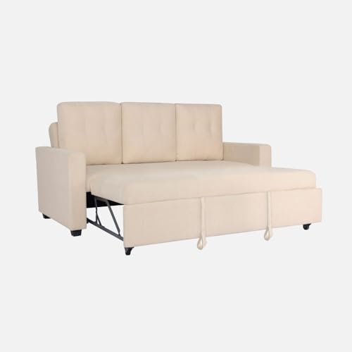 Image of Duroflex Ease - Wood 3 Seater Sofa Cum Bed with Pullout Mechanism, Iconic Beige Finish, 3-Person Sofa
