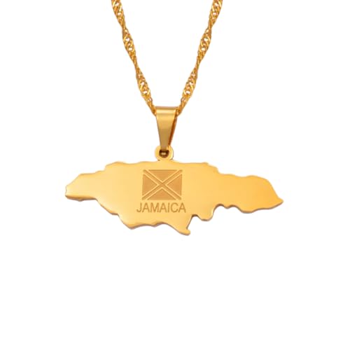 LUSSO 14K Filled Gold Jamaica Necklace For Women And Men, 925 Sterling Silver Outline Jamaica Map With City Necklaces, Map Of Jamaica With OUT OF MANY, ONE PEOPLE Pendant