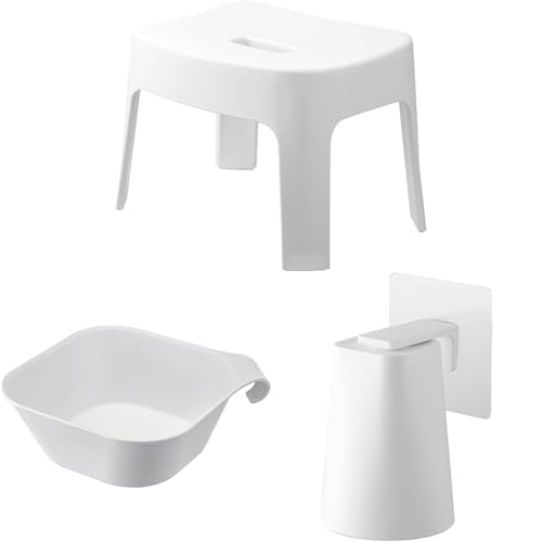 【セット買い】山崎実業(Yamazaki) マグネット 風呂イス SH25 ホワイト 約W33×D26.5×H25.5cm(座面:約H25cm) タワー 6925 + マグネット & 引っ掛け 湯おけ ホワイト 約W29.5XD27XH9cm 5378 +