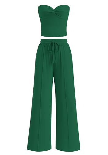 BTFBM Two Piece Sets For Women Summer Ribbed Strapless Twist Knot Tube Top Pants Set Casual 2026 Beach Vacation Outfits(Green, XX-Large)