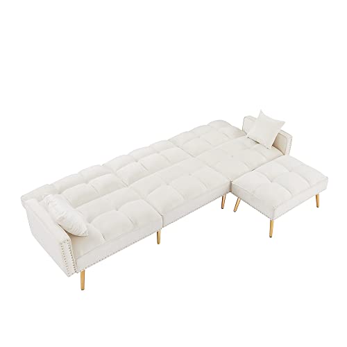 Ucloveria Sectional Sofa Couch, Convertible L-Shaped Sofa Bed With Adjustable Backrest & Movable Ottoman & 2 Toss Pillows, 3 In 1 Multi-Function Sleeper Sofa For Living Room Bedroom, Cream White #TOP6