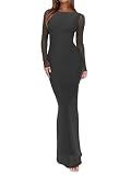 REORIA Women's Spring Mesh Sheer Long Sleeve Wedding Guest Dress Sexy Floral Bodycon Maxi Long Dresses Thyme Large