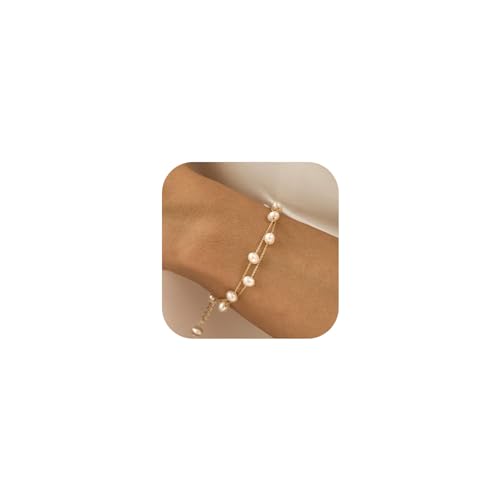 BERISO Gold/Silver Pearl Bracelets - 14K Gold Plated Dainty Pearls Beaded Chain Heart Bracelets