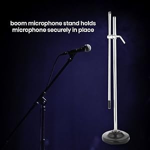 Image of kh Mic Stand RB Floor Steel Clamp Microphone Stand with Round Base and Fixed Length Boom Microphone stand used for school college, live event,music concert and singing show, events