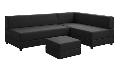 Image of Leg Sofa Cum Bed with Ottoman | Jute Fabric | Multipurpose Folding 3 Seater Sofa Bed 5x6 Ft for Living Room | Space Saving Furniture | Modern Design - Black
