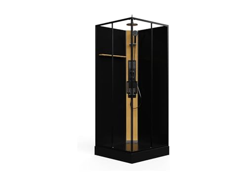 Vente-unique - Cabine de douche hydromassante carrée avec panneau en bambou - Noir - L90 x l90 x H225 cm - DESULO