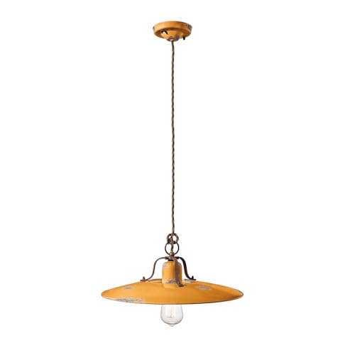 Suspension Ferroluce rétro Country céramique jaune 40 cm lustre haut de gamme