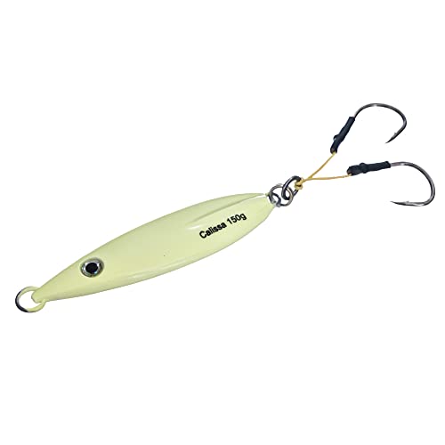 Calissa Offshore Tackle Fast Fall Jig 80G 150G 250G 300Lbs Assist Hooks 3/0 Butterfly - Vertical Jig Speed Lure Slow Pitch Flat Glow Color Painted On Both Sides (Glow, 80G) #TOP2