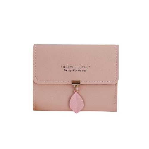 PU Leather Ladies Wallet Small with Metal Push Button Leaf Pendant, Bifold Short Wallet Ladies with Multi Cards Slots (Pink)2