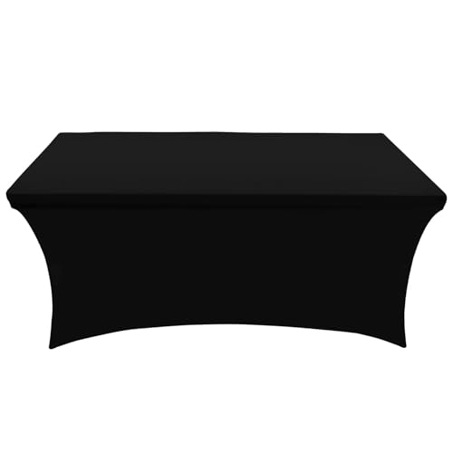 LOVJOYSE 8 FT Stretch Black Spandex Table Cloth for Standard Folding Tables - 1 Pack Universal Rectangular Fitted Tablecloth Protector for Wedding, Trade Show, Vendor Stand [96Lx30Wx30H Inch]