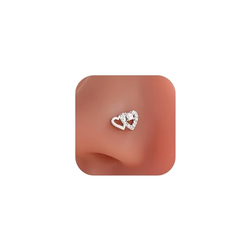 Dtexhif 14K Gold Plated Heart Nose Stud for Women Silver Plated Heart Nose Ring with Faux Diamond CZ Hearts Noses Rings Piercing Jewelry (Silver)