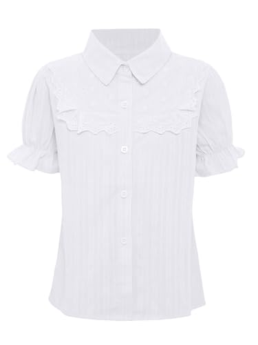 Kids Girls Lace Trim Ruffle Blouses Puff Sleeve Button Down Shirts Princess Party School Uniform Tops Daily Wear3