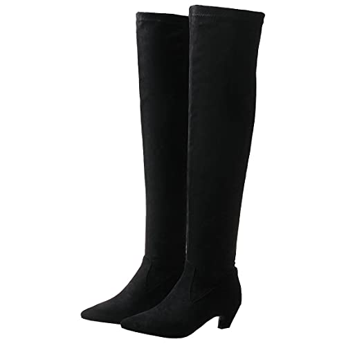 Trendenzy Womens Pointed Toe Kitten Heel Thigh High Boots Faux Suede Stretch Over The Knee Boots
