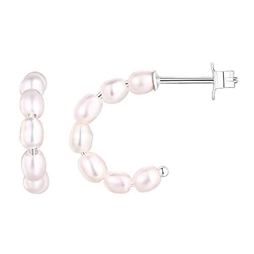 PAVOI 14K White Gold Plated 925 Sterling Silver Post Pearl Hoop Earrings | Fresh Water Pearl Lightweight Hoops For Women | Womens Small Pearl Hoops