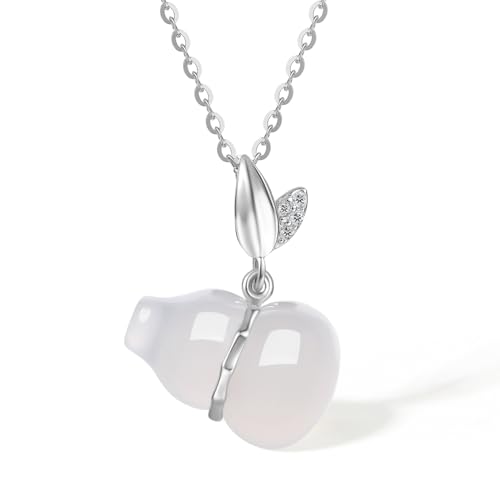 Gourd Silver Necklace Cultural Blessings White Chalcedony Wulu Pendant Necklace Feng Shui Charm Jewelry Gift for Women Lover Anniversary