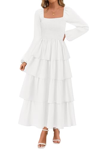 MEROKEETY Women's Summer Fall Long Sleeve Ruffle Tiered Dress 2025 Flowy Layered Square Neck Smocked Maxi Dresses