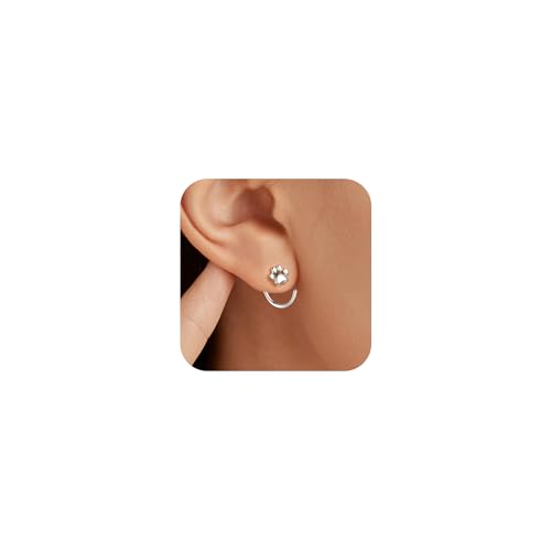 Paw Print Earring Half Hoop Earrings for Women 925 Sterling Silver Open Huggie Hoop Earrings Cute Puppy Dog Cat Pet Huggie Earring C Hoop Comfortable Earrings Hypoallergenic Jewelry Gift for Wedding(Silver)