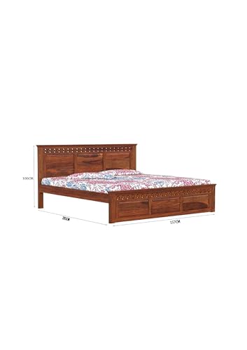 Image of Solid Sheesham Wood Queen Size Bed Without Storage | Wooden Double Bed Cot for Bedroom Furniture | Platform Bed | Palang for Hotels | Honey, Recommended Mattress Size: 78 X 60 Inch