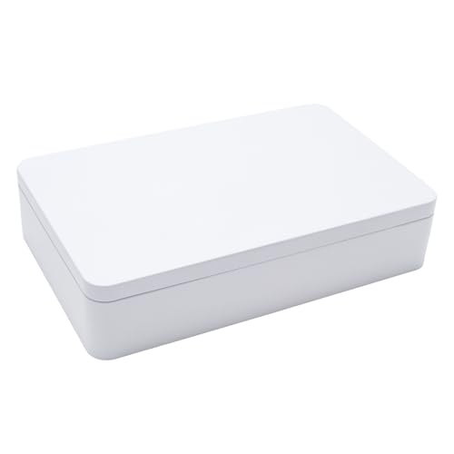 Image of White Metal Tin Box with Lid, 8.5 x 5.3 x 1.9 Inch Rectangular Empty Tin Box for Home Storage