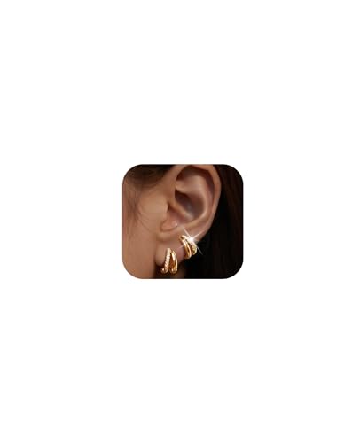 Small Huggie Gold Hoop Earrings Set for Women, 14K Plated Hypoallergenic Cartilage Helix Earring Stacks for Multiple Piercings, Lightweight Mini Dainty Packs Jewelry Gifts for Women