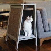 THE REFINED FELINE A-Frame Cat Bed Cave in Smoke Gray with Ventilated Base, Multipurpose Wood Cat Furniture Table, Easy To Clean Covered Cat Bed with Replaceable Scratching Post & Washable Cushion