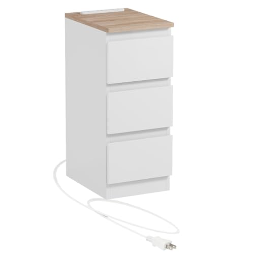 HomeSailingベッドサイドテーブル コンセント付き ナイトテーブル USBポート 引き出し付き サイドテーブル 幅25cm スリム 白色 おしゃれ モダン ベッドサイド ソファー横 寝室 リビング 隙間収納 (ナチュラル天板)