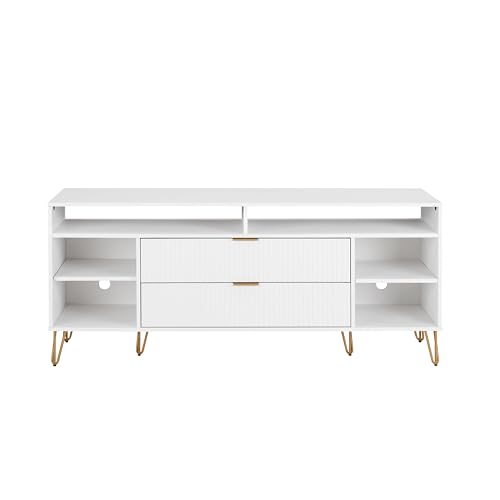 Manhattan Comfort Dumbo Mid Century Modern TV Stand for Televisions up to 60 Inches, Home Entertainment Center with Storage, 6 Shelves, 2 Drawers, No Tool Assembly, 63" Wide, White