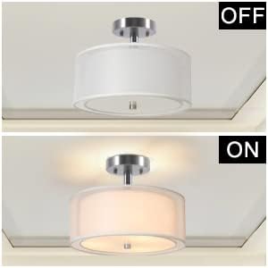 Ganiude Modern 3-Lights Semi Flush Mount Light Fixture, 12" Close to Ceiling Light with Double Fabric Drum Shade, Kitchen Light for Bedroom, Living Room, Dining Room, Hallway, Entry, Foyer