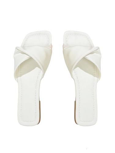 GORGLITTER Women's Twist Flat Sandals Square Toe Leather Dressy Slide Sandals Cute Summer Slip On Shoes