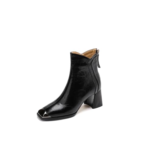 TinaCus Metal Square Toe Genuine Leather Handmade Back Zipper Mid Chunky Heels Women's Ankle Boots