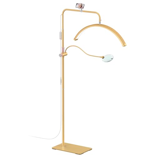 AURELLE Half Moon Lash Light - Adjustable LED Floor Lash Lamp with 4X Magnifier & Phone Holder for Eyelash Extensions,Nail Art,Tattoo,Skincare,Salon SPA-Dimmable Brightness,Rotating Head, Gold