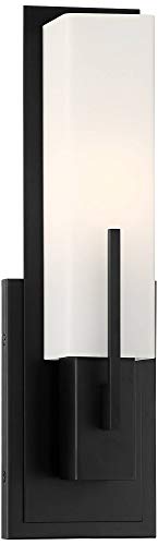 Image of Possini Euro Design Midtown Modern Wall Light Sconce Black Hardwired 4 1 /2 inch Fixture Opal White Glass Rectangular Shade for Bedroom Bedside Bathroom Vanity Living Room Hallway Dining House Kitchen