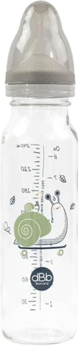 dBb Remond - Biberon Régul'Air 240 ml en Verre - Tétine NN Anticolique en Silicone Débit Régulier - Nouveau-né 0 à 4 Mois - Décor Escargot - Résistant Chaleur -...